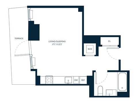 Floor plan for studio, 1 bath, 418 sqft